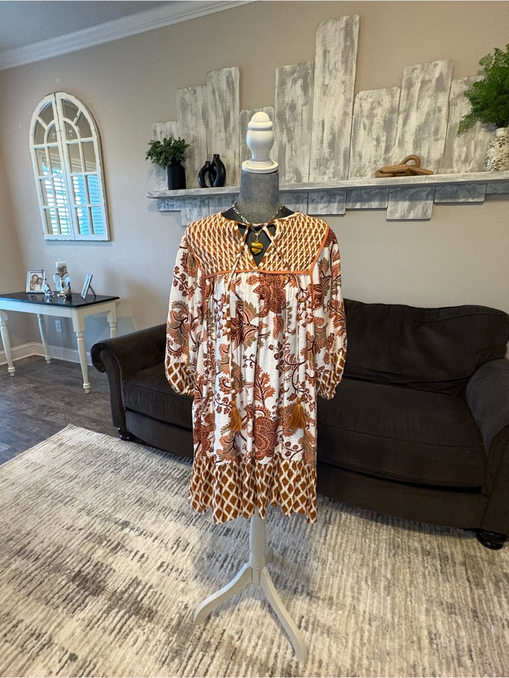 Umgee Rust and Cream Boho Midi Dress with Floral Print